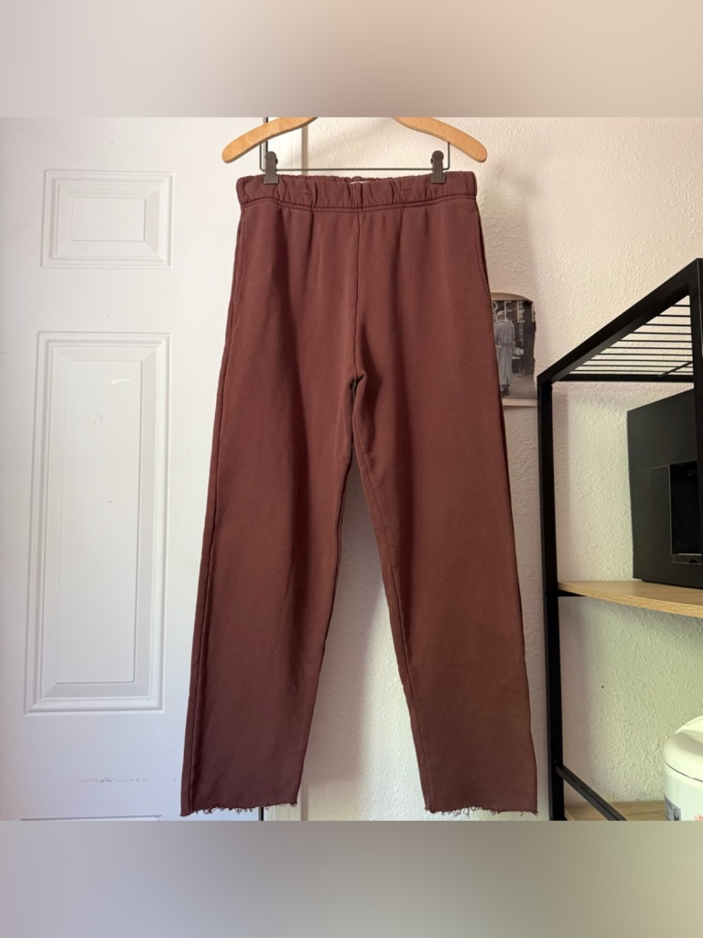 DANA SCOTT brown knit terry raw fray hem pull on straight leg sweat pants